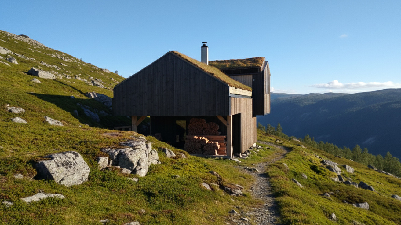 Drewniany domek letniskowy z zielonym dachem na zboczu góry, w tle widok na dolinę i las. Budynek o nowoczesnej architekturze, z elementami naturalnymi.