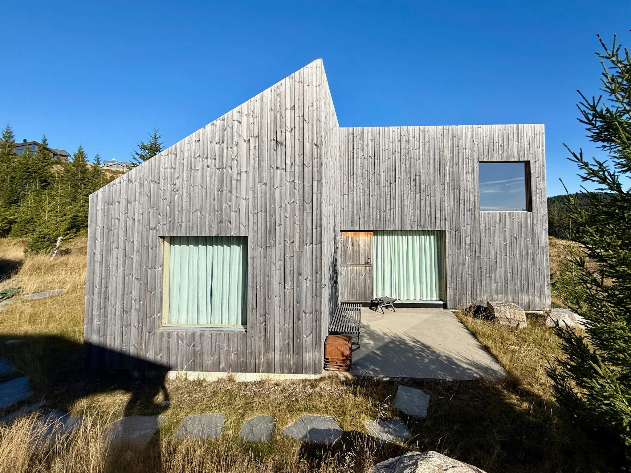 Nowoczesny dom o unikalnej architekturze z drewnianą elewacją w odcieniach szarości, z asymetrycznym dachem i dużymi oknami, otoczony naturalnym krajobrazem.