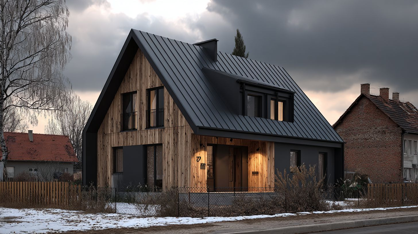 Nowoczesny dom z drewnianą elewacją i czarnym dachem na tle pochmurnego nieba. Widoczne oświetlenie zewnętrzne i fragmenty zimowego krajobrazu.