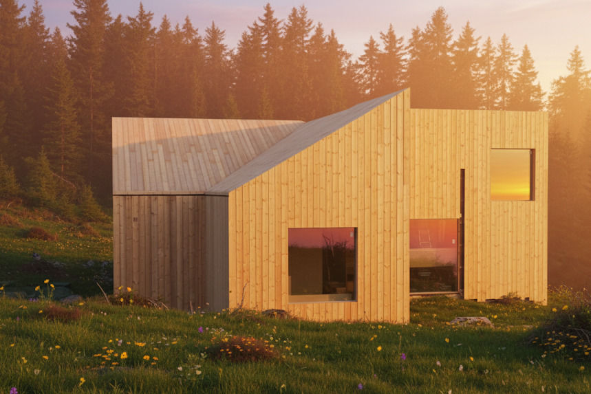 Nowoczesny dom z jasnego drewna na tle lasu iglastego w promieniach zachodzącego słońca. Minimalistyczna bryła, naturalne materiały, okna odbijające niebo.