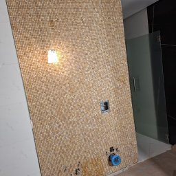 Alexey Martsinovskiy - Ściana łazienki wyłożona mozaiką w odcieniach beżu i brązu, z widocznymi otworami na armaturę i fragmentem kabiny prysznicowej. U góry zamontowane oświetlenie.