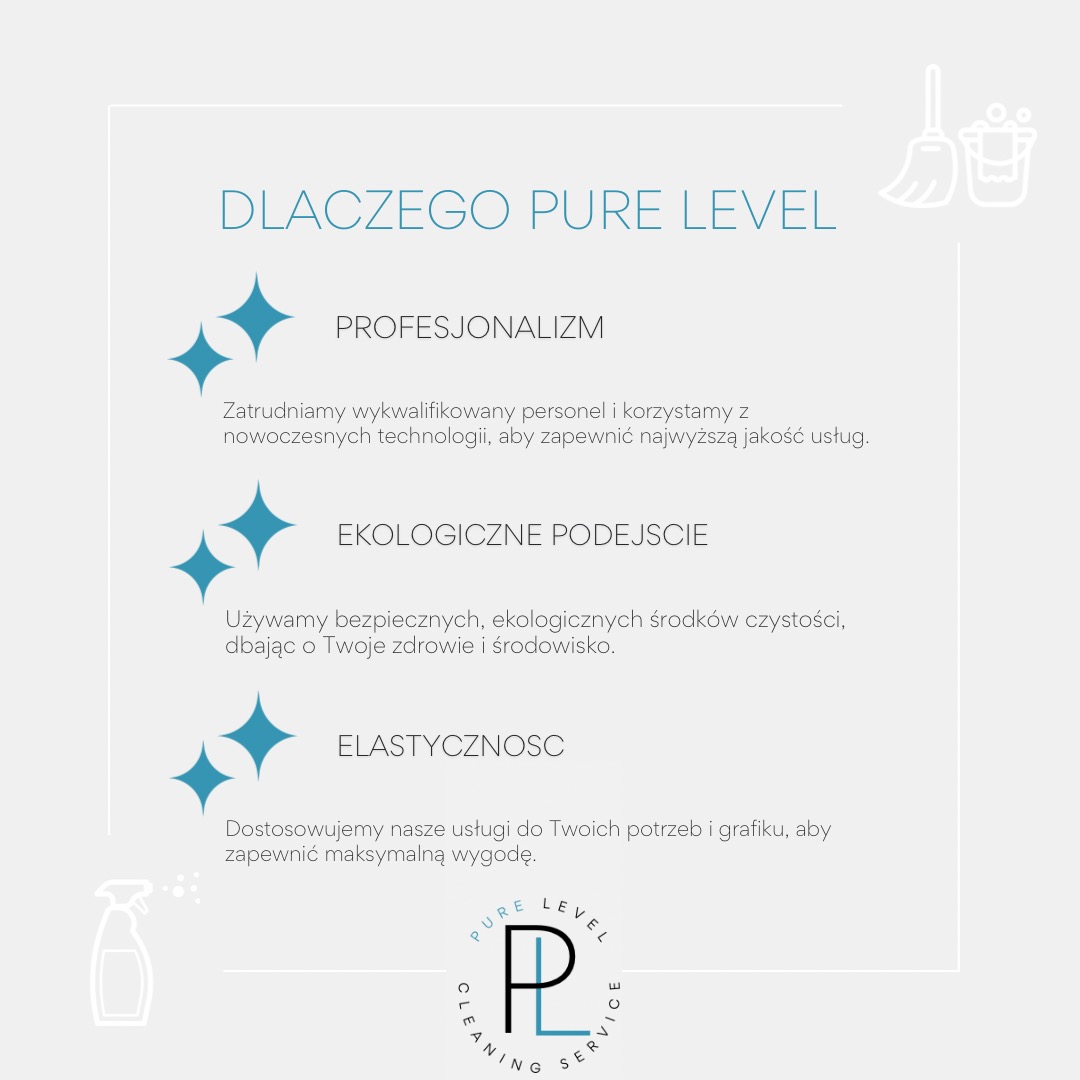Grafika reklamowa firmy sprzątającej Pure Level, prezentująca profesjonalizm, ekologiczne podejście i elastyczność usług. Minimalistyczny design z ikonami i logo.