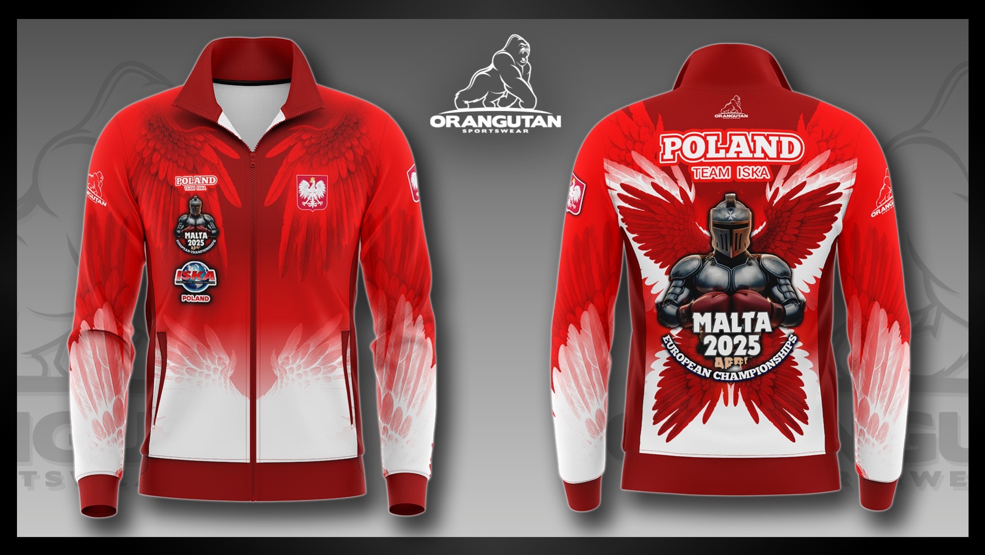 Grafika 3D czerwonej bluzy sportowej z motywem orła, flagi Polski i napisem 'Poland Team Iska Malta 2025'. Widok z przodu i z tyłu na szarym tle.