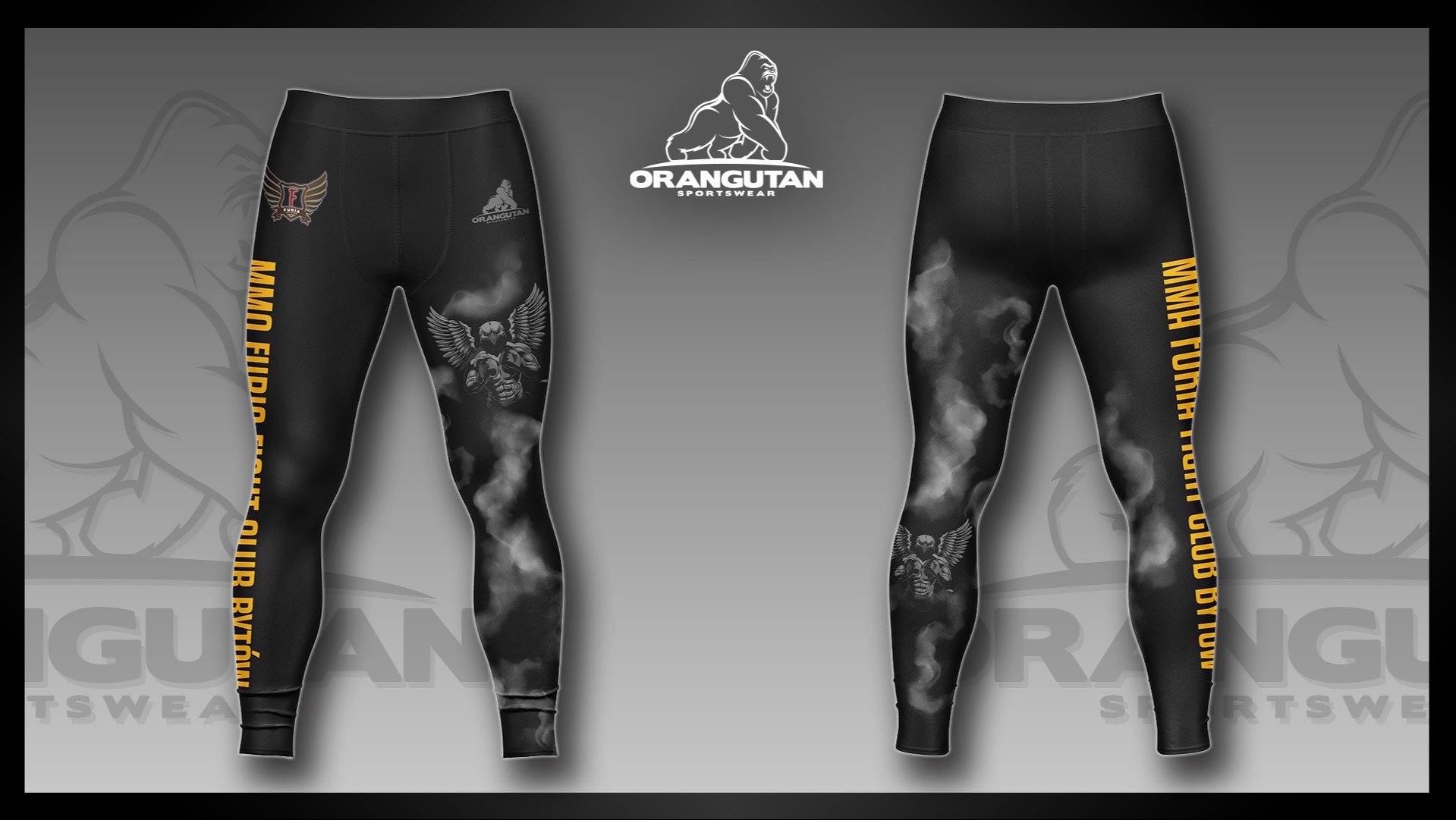 Czarne legginsy sportowe z nadrukiem logo i grafiką MMA, prezentowane na szarym tle. Produkt z Jaskółek, idealny do treningu i aktywności fizycznej.