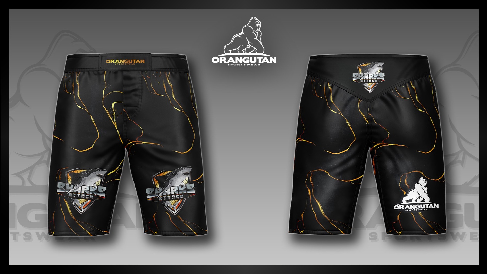 Czarne spodenki sportowe z nadrukiem 'Sharks Attack' i logiem 'Orangutan Sportswear', prezentowane z przodu i z tyłu na szarym tle.