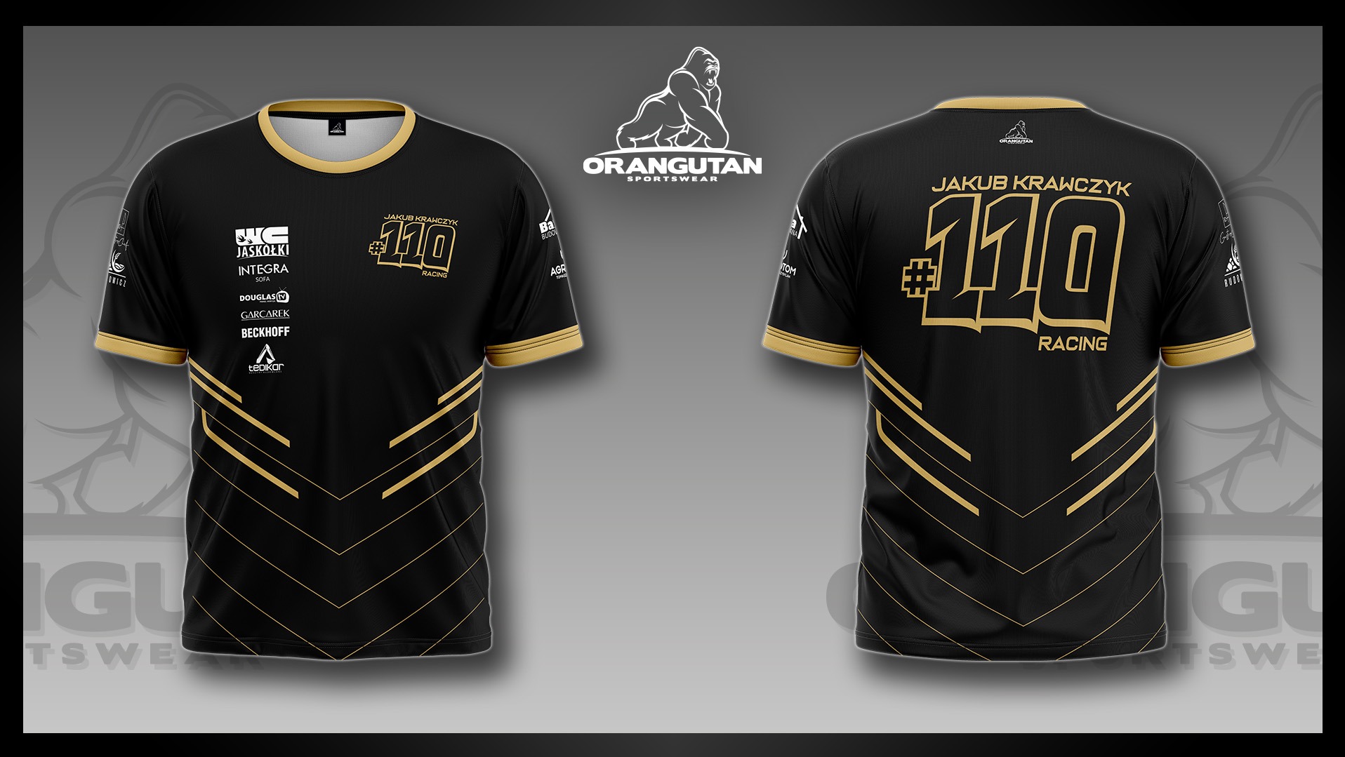 Czarno-złota koszulka sportowa z nadrukiem imienia i numeru zawodnika, widok z przodu i z tyłu. Logo sponsora i nazwa drużyny 'Orangutan Sportswear'.