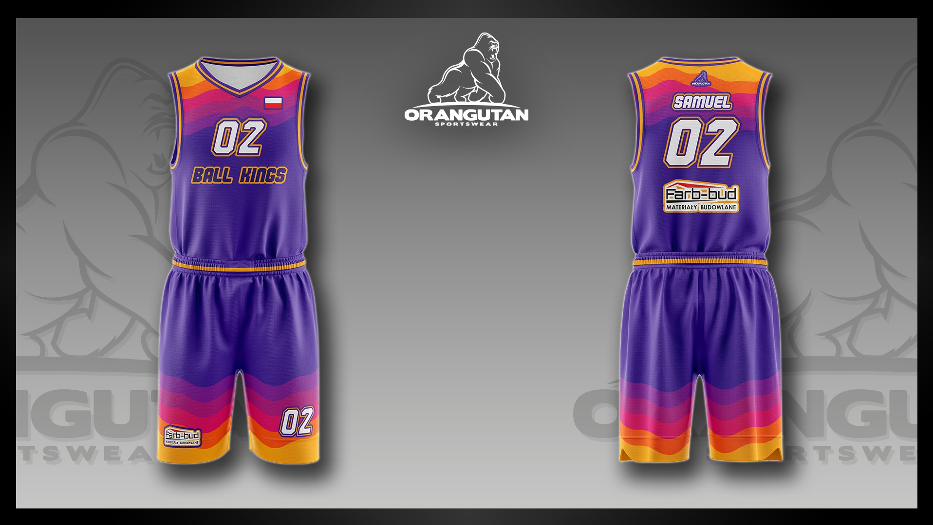 Fioletowo-pomarańczowy komplet sportowy do koszykówki z nadrukiem logo i numeru, widok z przodu i z tyłu na szarym tle. Projekt graficzny odzieży sportowej.