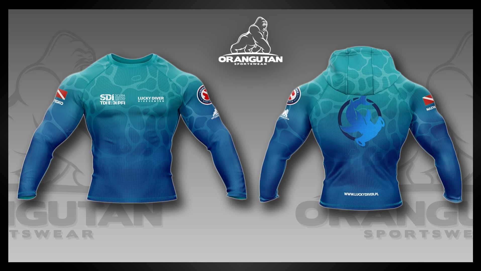 Grafika 3D prezentująca przód i tył niebiesko-turkusowej bluzy sportowej z długim rękawem i kapturem, z nadrukami logo i nazw firm nurkowych.