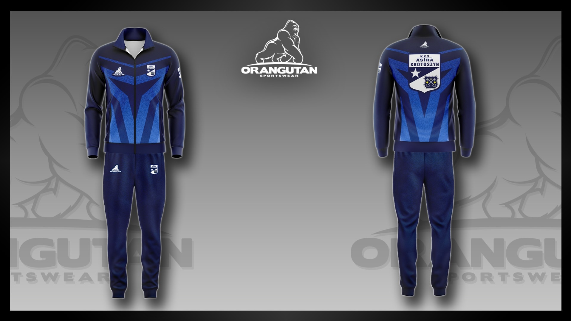 Granatowy dres sportowy z niebieskimi wstawkami i logo klubu, prezentowany z przodu i z tyłu na szarym tle z logotypem producenta odzieży sportowej.