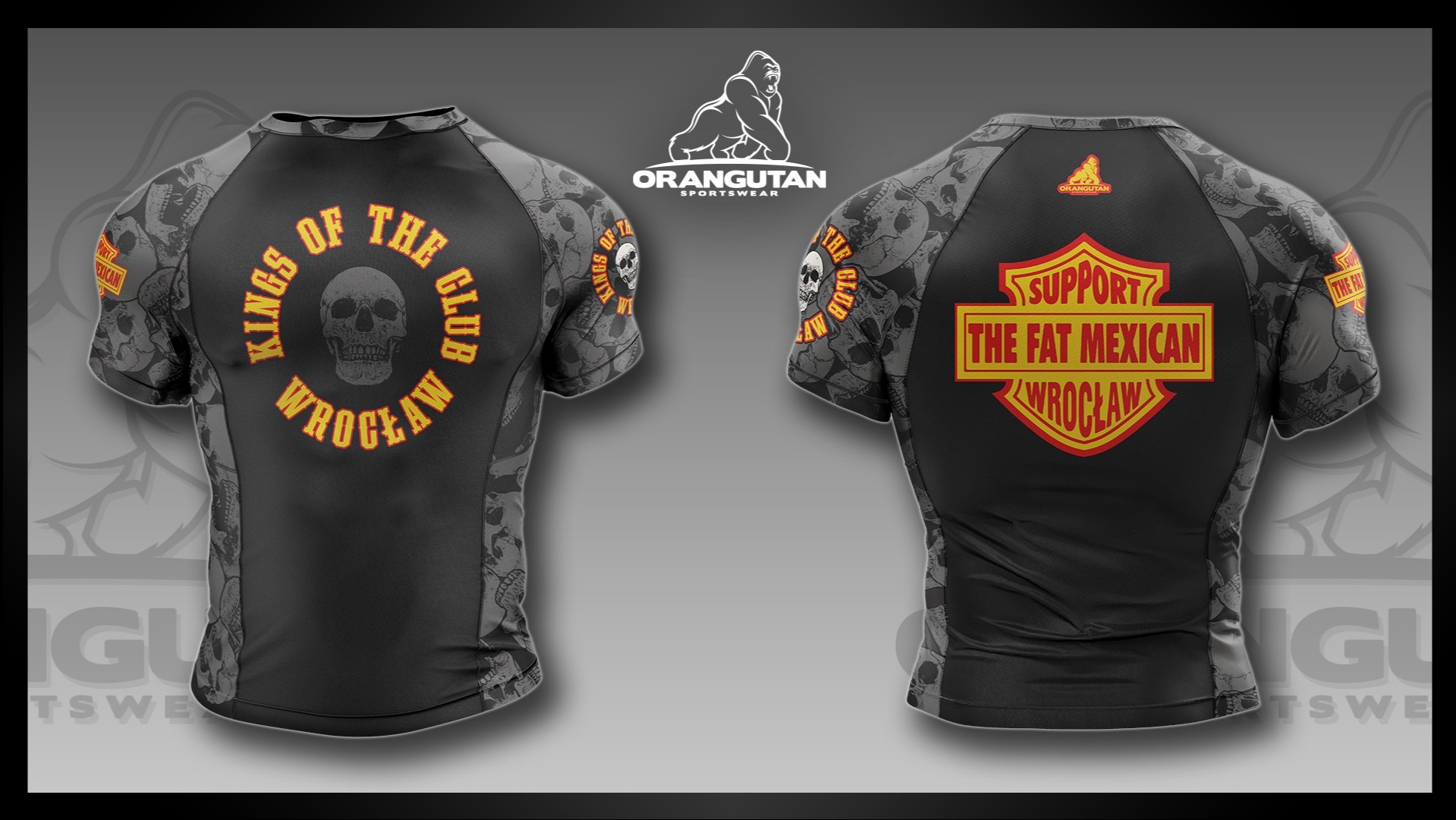 Czarno-szara koszulka sportowa z nadrukiem czaszek i napisami 'Kings of the Club Wrocław' oraz 'Support The Fat Mexican Wrocław'. Logo Orangutan Sportswear na górze.