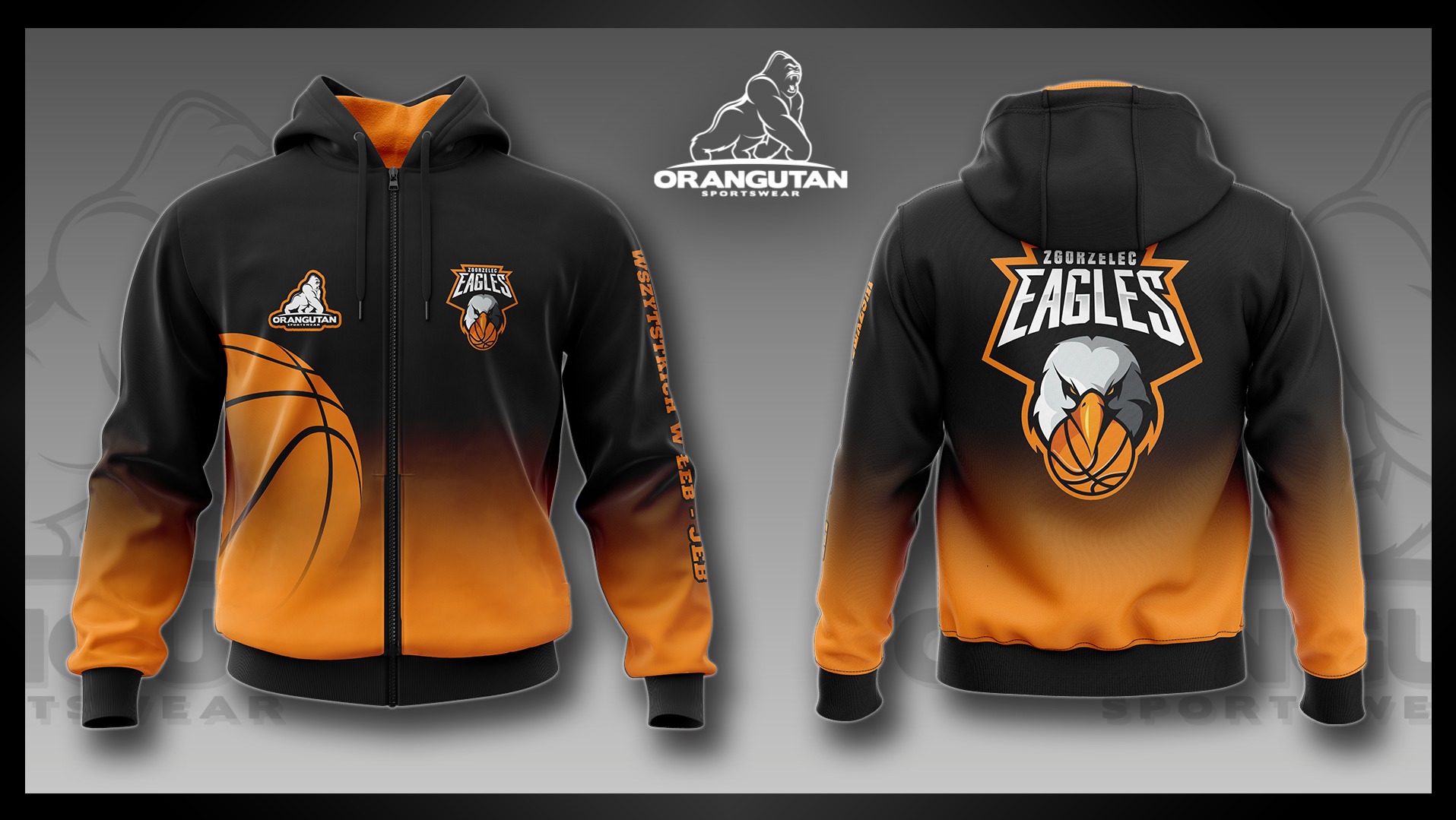 Czarno-pomarańczowa bluza z kapturem, z logo 'Orangutan Sportswear' i motywem koszykarskim 'Eagles', prezentowana z przodu i z tyłu na szarym tle.