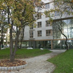 ArchiZmiana - studio architektoniczne - Elewacja budynku biurowego z dużymi oknami, widok z parku z drzewami w jesiennej szacie. Kamienna ścieżka prowadzi do wejścia. Na trawniku leżą białe worki.