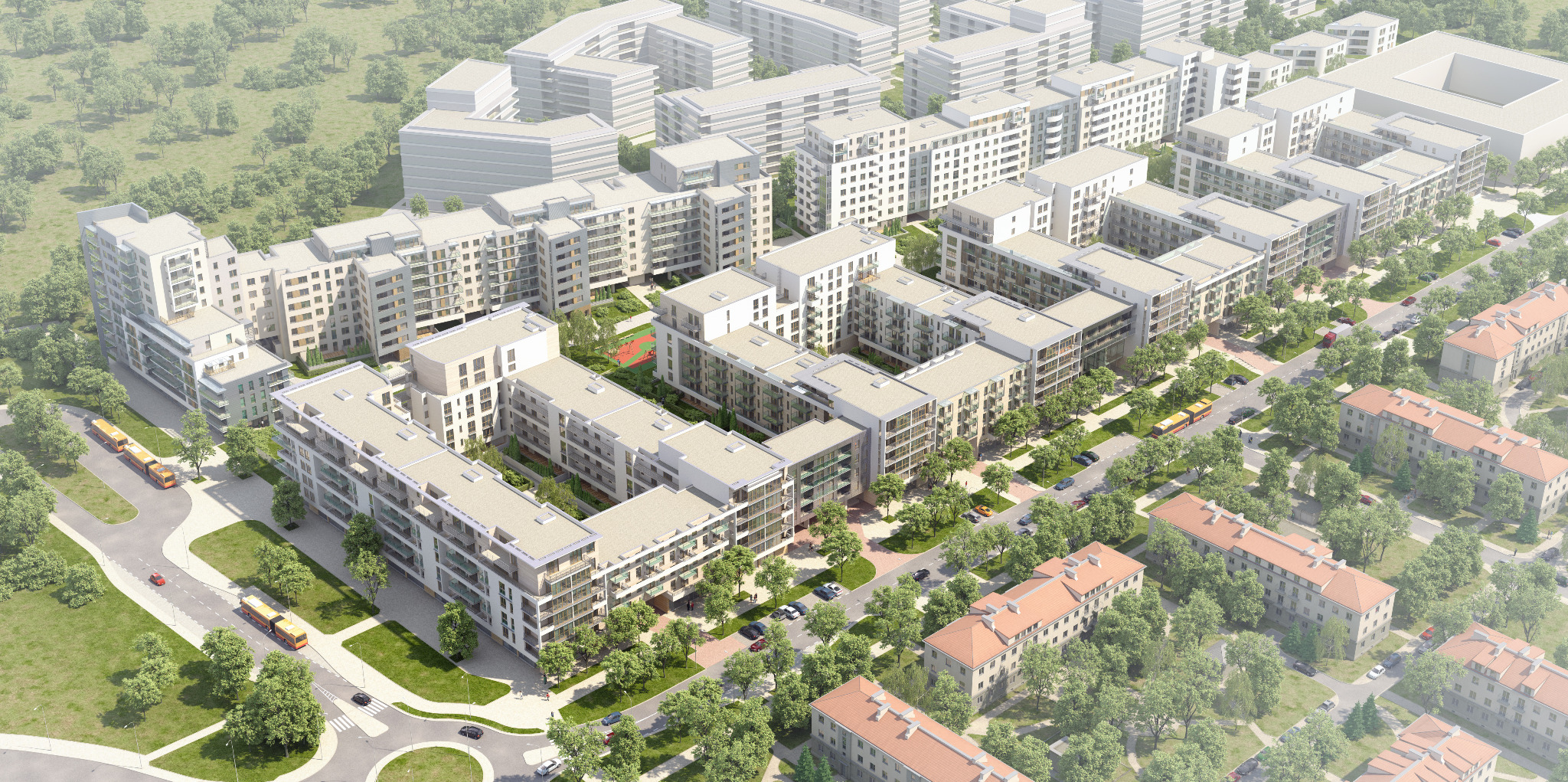 Zespół mieszkalno-usługowy Hubertus na warszawskim Służewcu. Pow. użytkowa 80000m2. Realizacja 2009-2020.