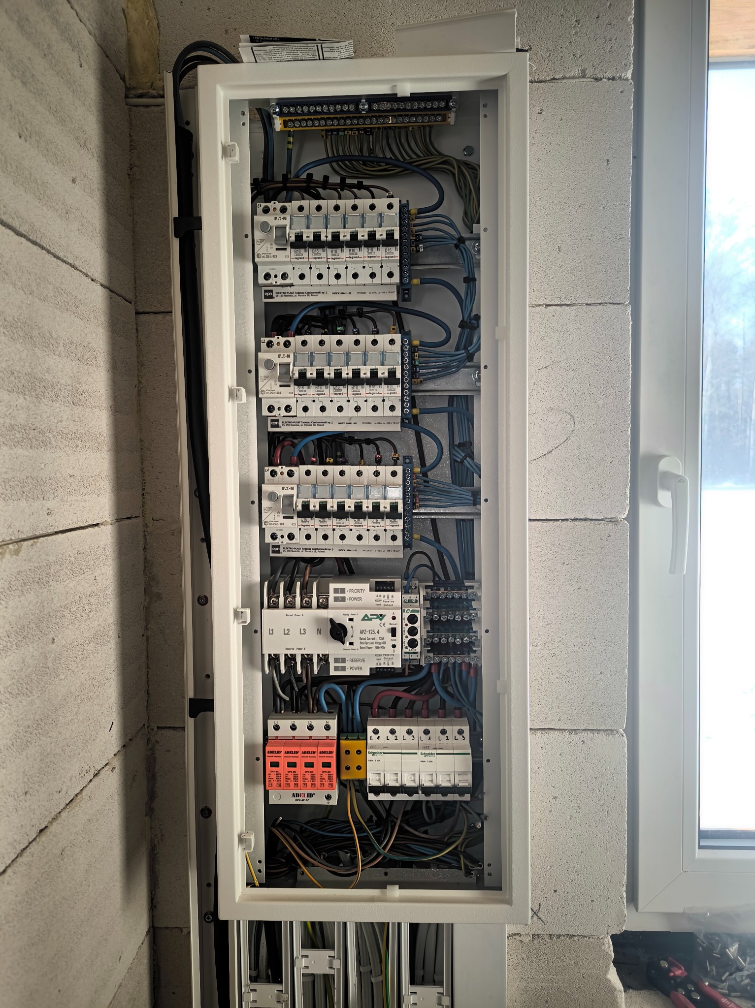 Rozdzielnica elektryczna z zabezpieczeniami, zamontowana na ścianie z betonu komórkowego, widoczne przewody i aparatura modułowa.