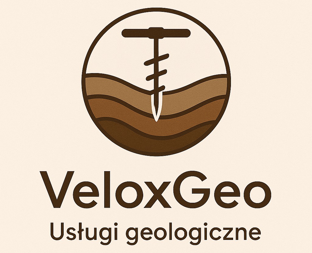 Logo firmy VeloxGeo świadczącej usługi geologiczne. Grafika przedstawia wiertło w okręgu z warstwami ziemi, nazwa firmy i dopisek 'Usługi geologiczne'.