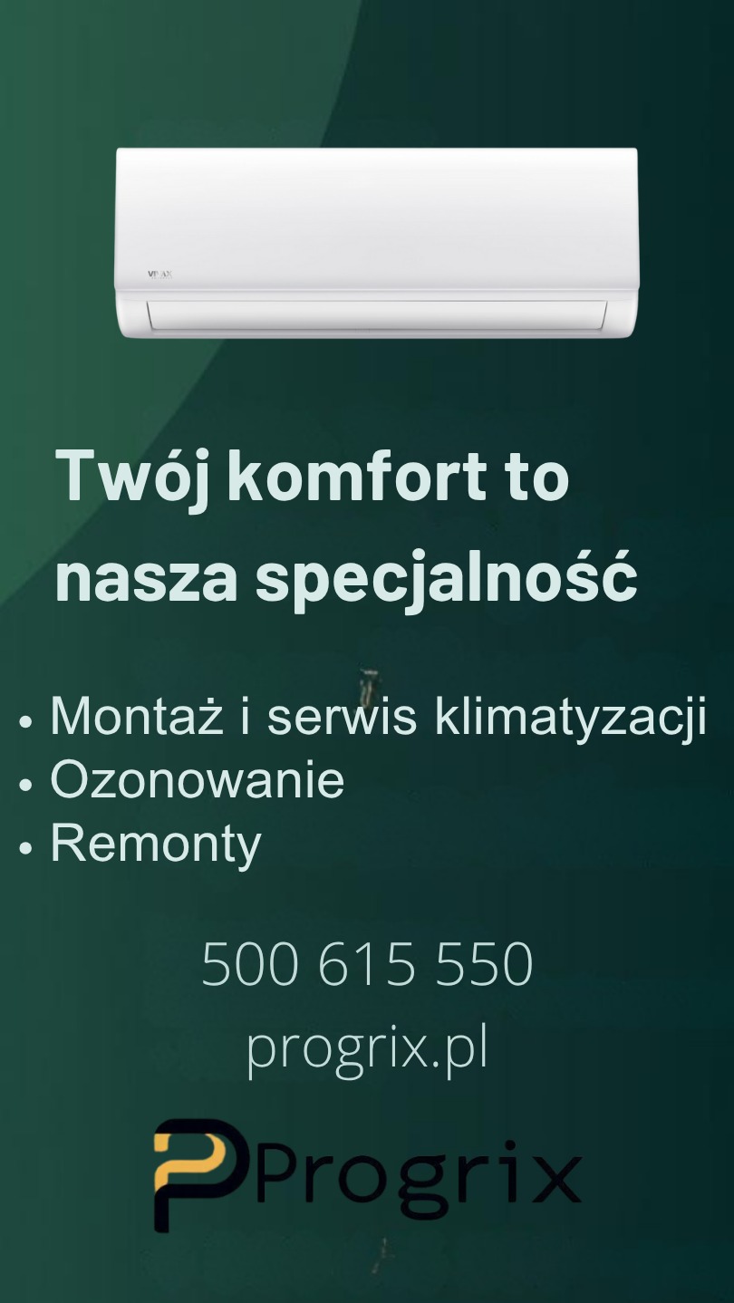 Biały klimatyzator na zielonym tle z tekstem 'Twój komfort to nasza specjalność', ofertą montażu, serwisu, ozonowania i remontów oraz danymi kontaktowymi firmy Progrix.