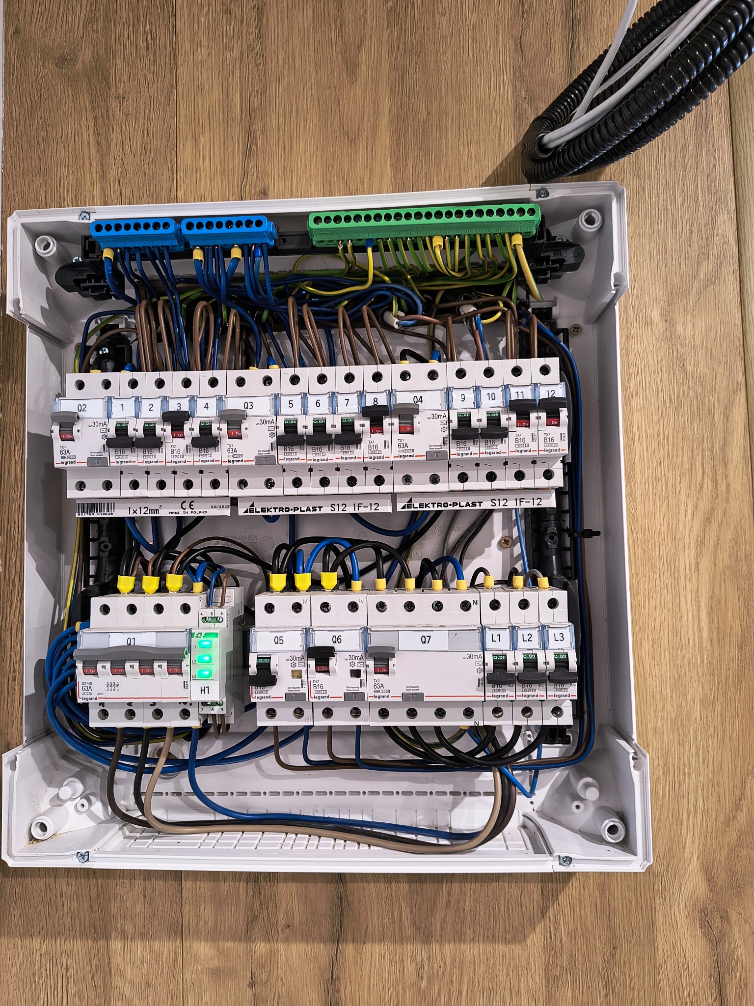 Rozdzielnica elektryczna z zainstalowanymi bezpiecznikami i przewodami, widok z góry, na drewnianym podłożu. Widoczne elementy marki Elektro-Plast i Legrand.