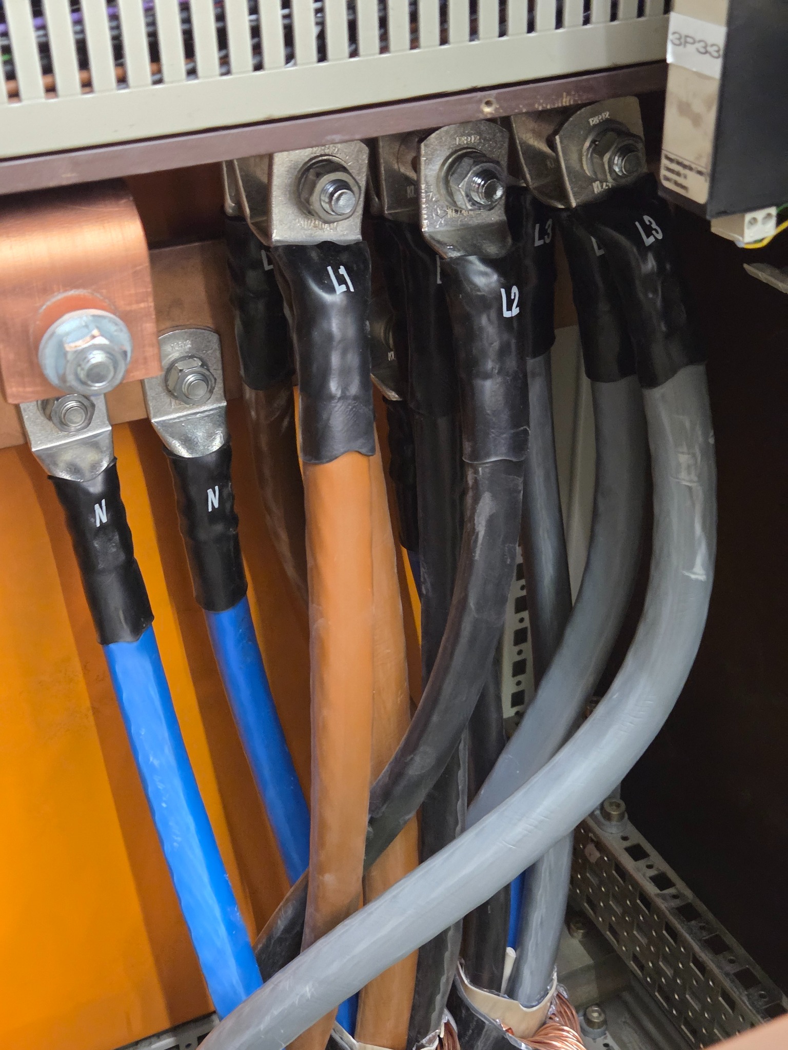 Szczegółowe ujęcie podłączenia przewodów elektrycznych oznaczonych L1, L2, L3 i N do listwy zaciskowej w rozdzielnicy. Widoczne metalowe złączki i izolacja.