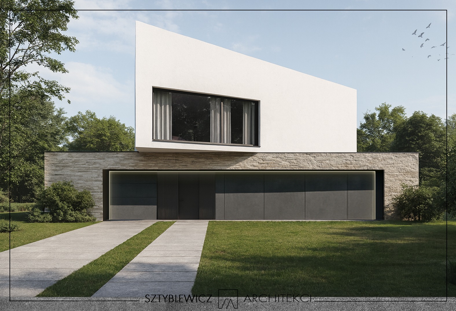 Wizualizacja nowoczesnego domu z białym, skośnym dachem i kamienną elewacją garażu, otoczonego zielenią. Widoczny podjazd z trawiastymi pasami i minimalistyczne okno.