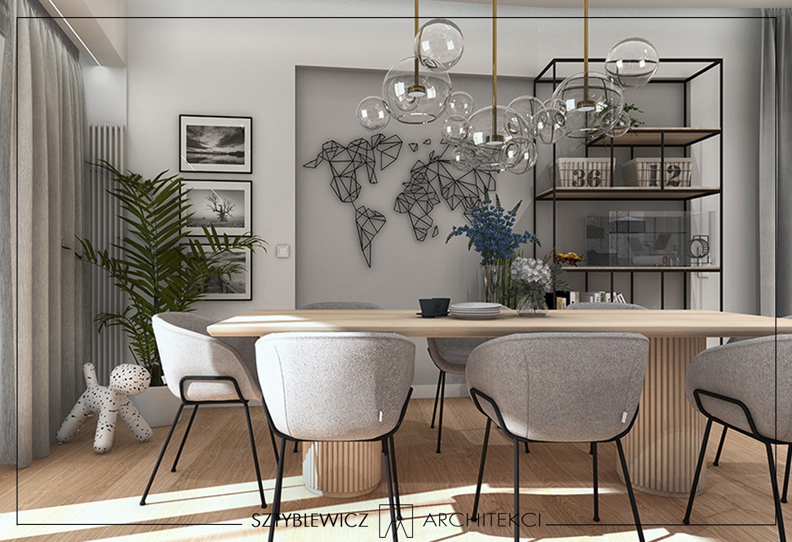 Jasna jadalnia z drewnianym stołem, szarymi krzesłami i dekoracjami: mapa świata na ścianie, lampy-kule, roślina doniczkowa i regał. Projekt architektoniczny.
