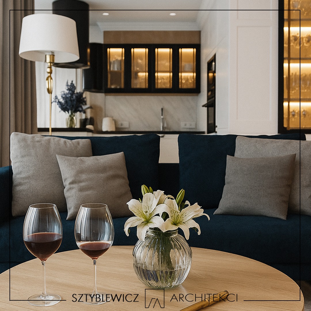 Eleganckie wnętrze: granatowa sofa z szarymi poduszkami, stół z winem i liliami, w tle zabudowa kuchenna z oświetleniem. Subtelne detale, ciepłe światło, harmonia.