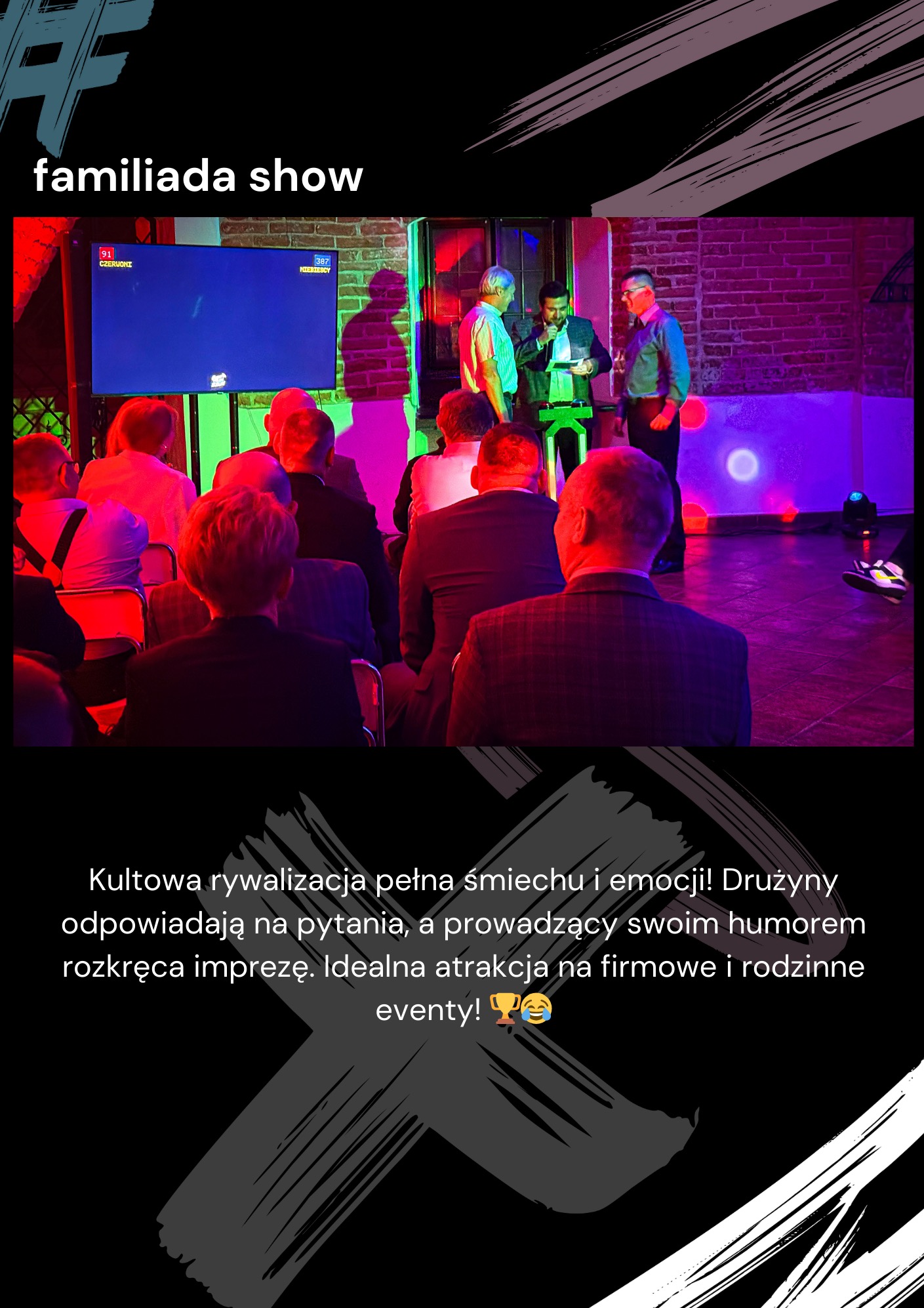 Uczestnicy firmowej imprezy integracyjnej oglądają teleturniej z prowadzącym i wynikami na ekranie. Dynamiczne oświetlenie sceniczne i widownia.