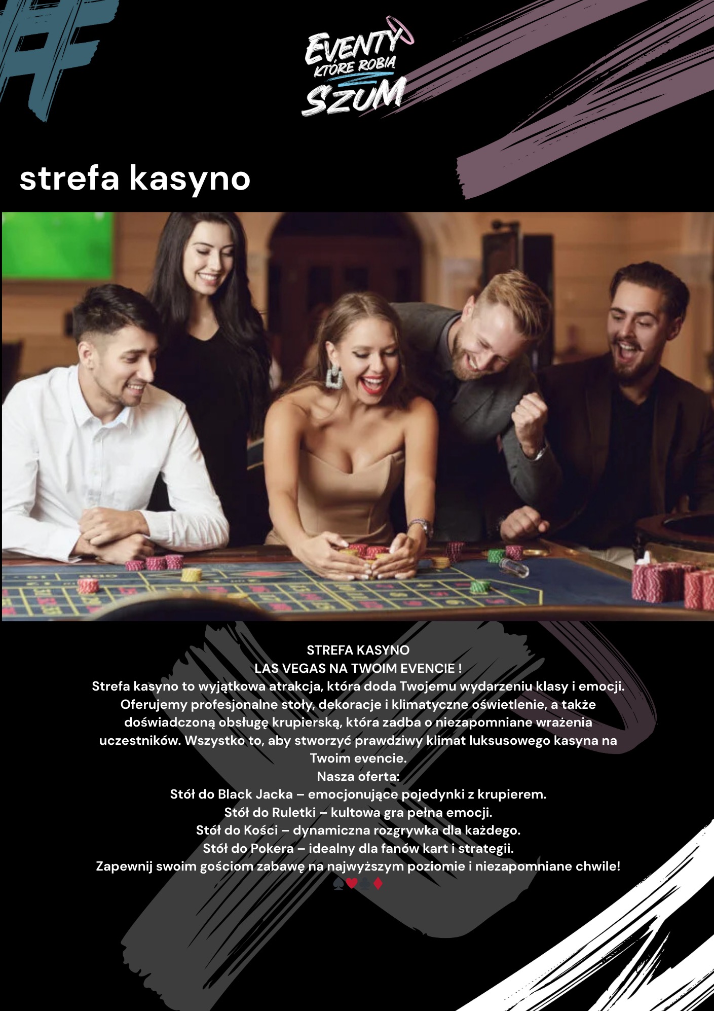 Uśmiechnięci goście kasyna na evencie, grający w ruletkę. Atmosfera luksusu i zabawy, profesjonalne stoły i obsługa. Klimat Las Vegas na Twoim wydarzeniu.