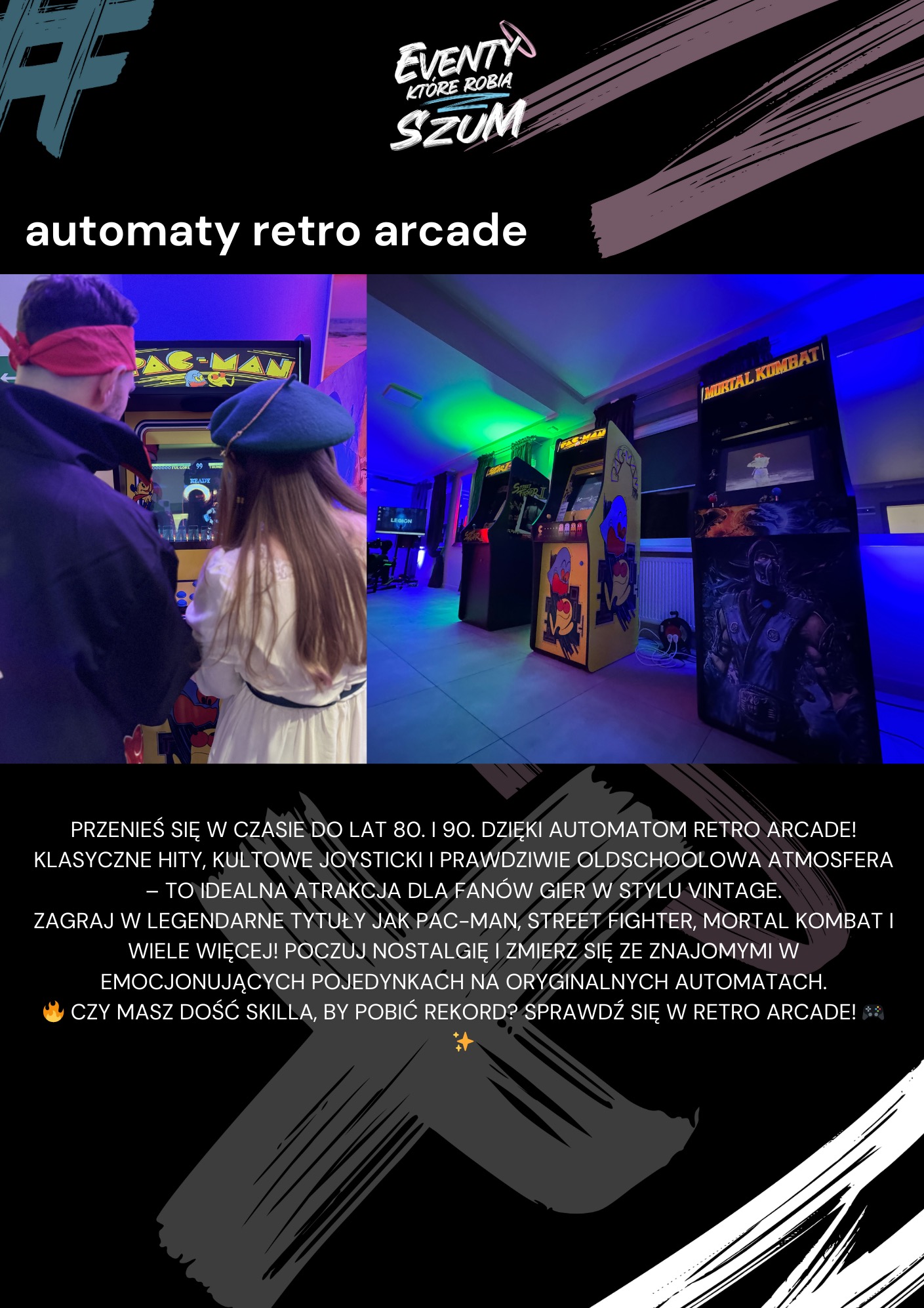 Dwie osoby grają na automatach arcade (Pac-Man, Mortal Kombat) w klimatycznym pomieszczeniu z neonowym oświetleniem, tworzącym retro atmosferę.