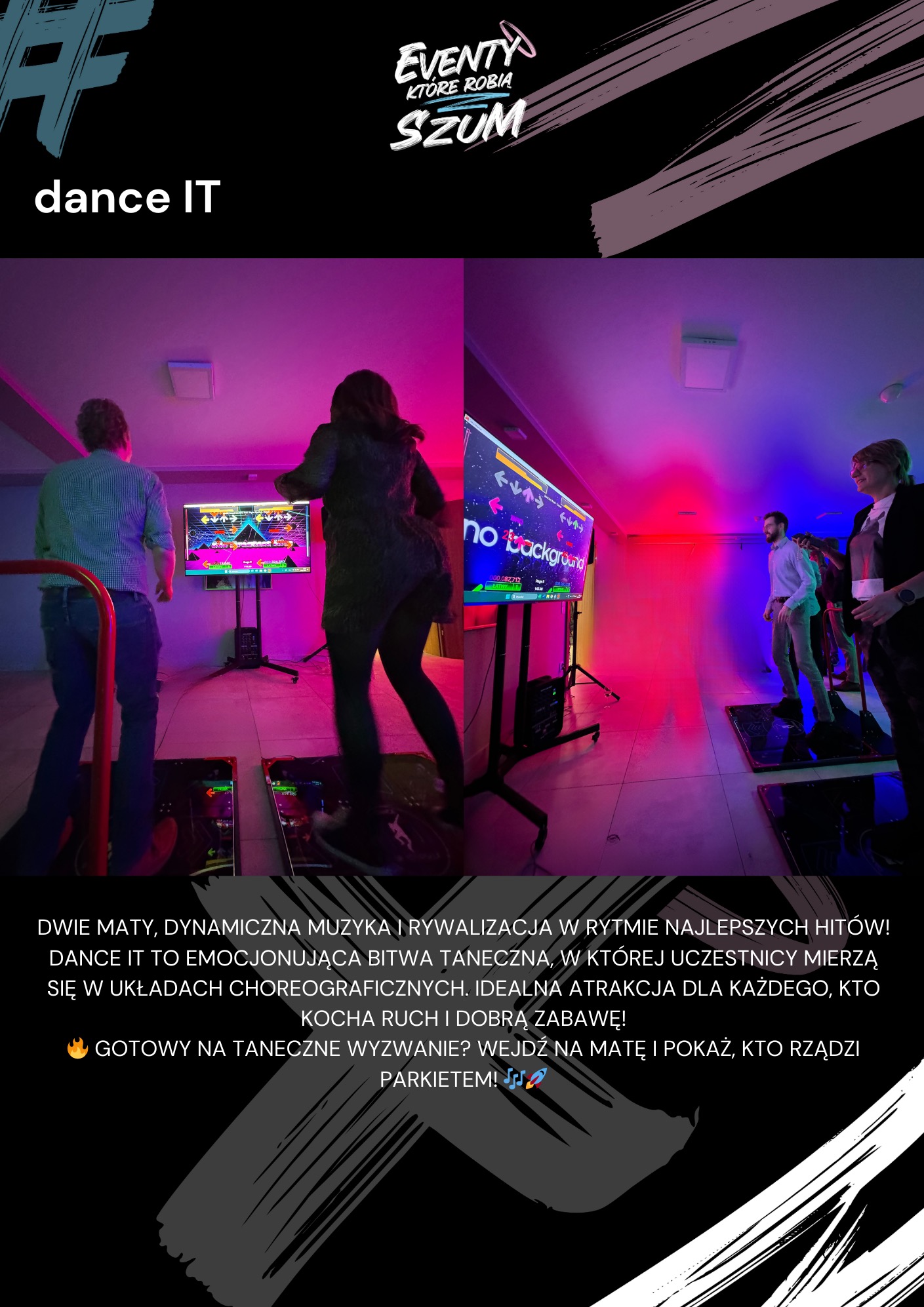 Tancerze rywalizują na interaktywnych matach tanecznych w neonowym oświetleniu. Dynamiczna zabawa taneczna z elementami rywalizacji, idealna na imprezę.
