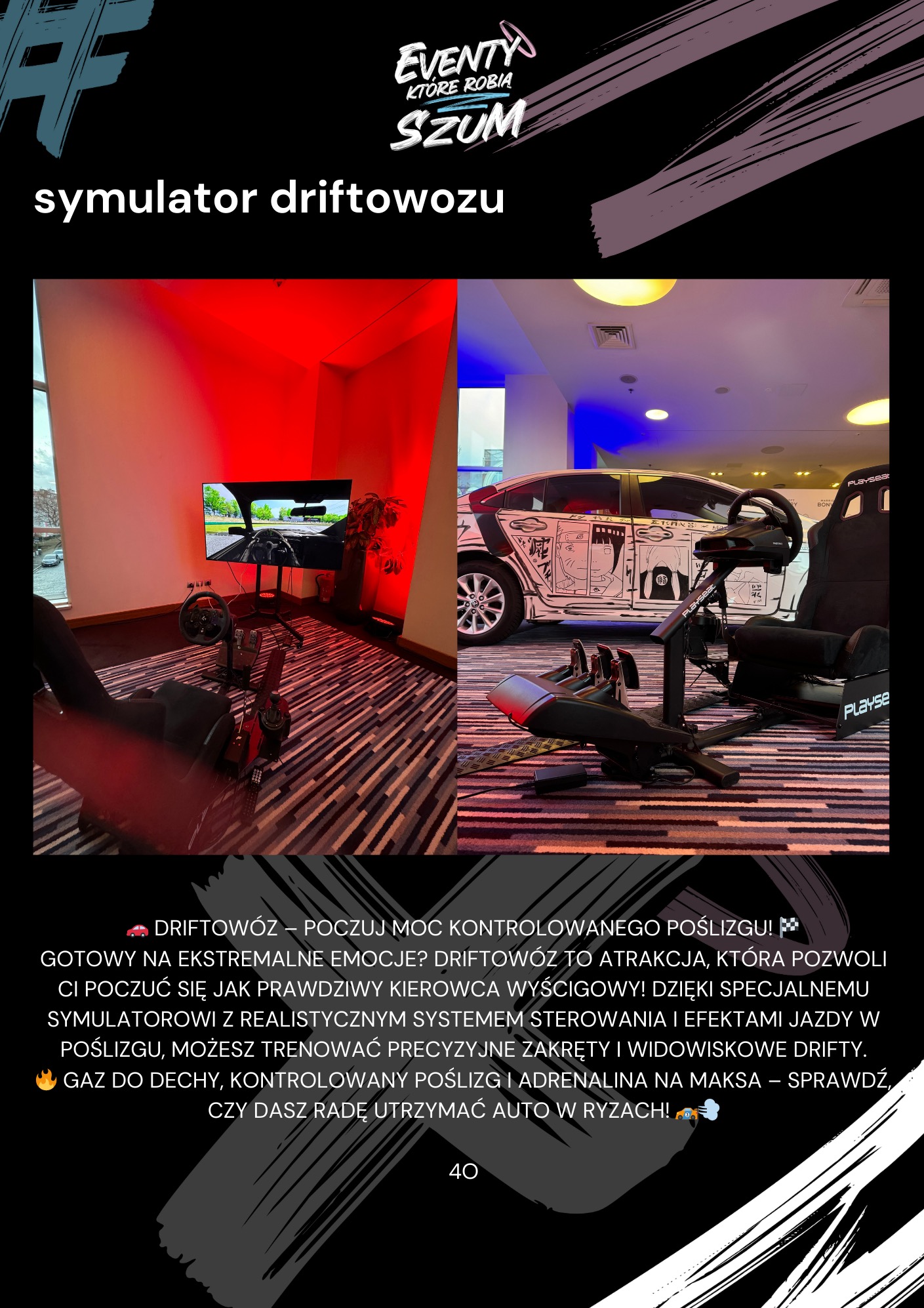 Symulator driftu z grafiką w stylu anime, czerwone oświetlenie, fotel Playseat. Atrakcja eventowa dla miłośników motoryzacji i wirtualnych wyścigów.