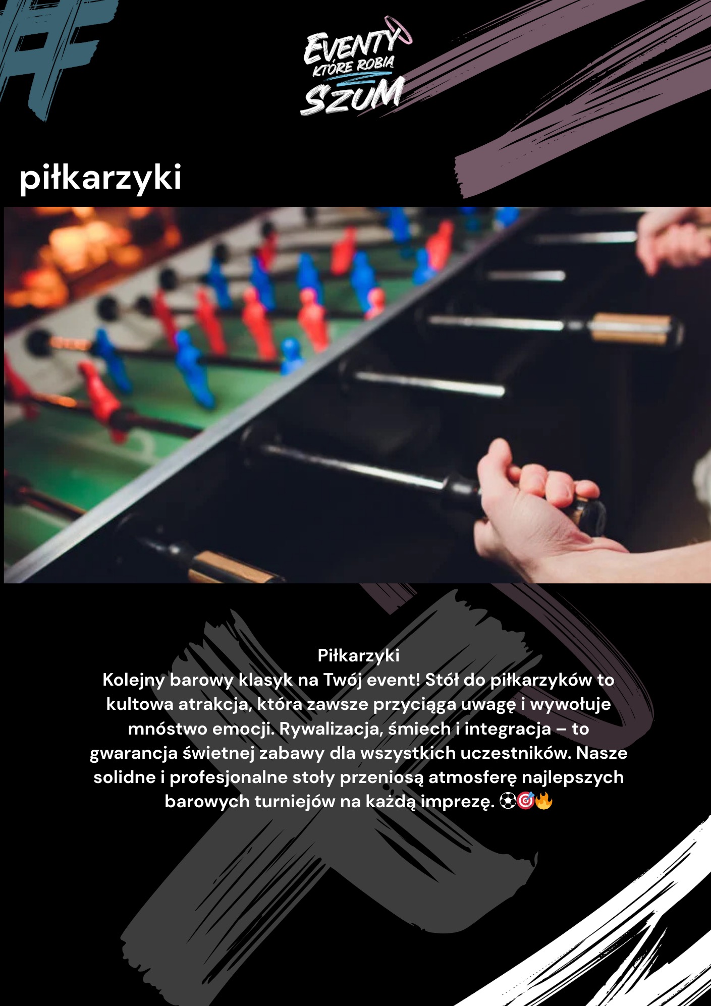 Stół do piłkarzyków w akcji: dłoń gracza trzyma uchwyt, w tle rozmazane figurki czerwonych i niebieskich zawodników. Atrakcja na imprezę firmową.