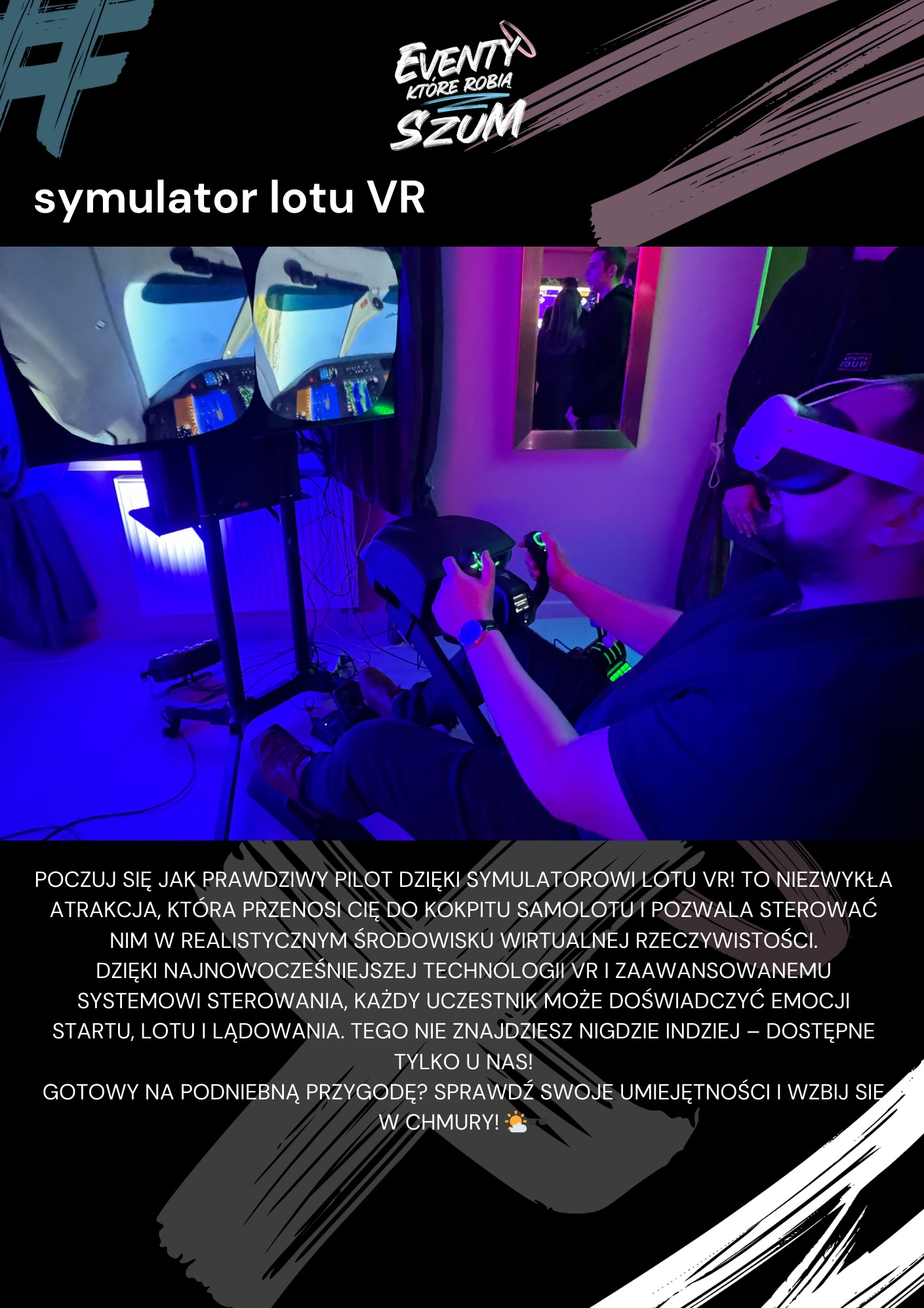 Mężczyzna w goglach VR korzysta z symulatora lotu, siedząc w fotelu z joystickiem. Atrakcja na event, zapewniająca realistyczne wrażenia lotnicze.