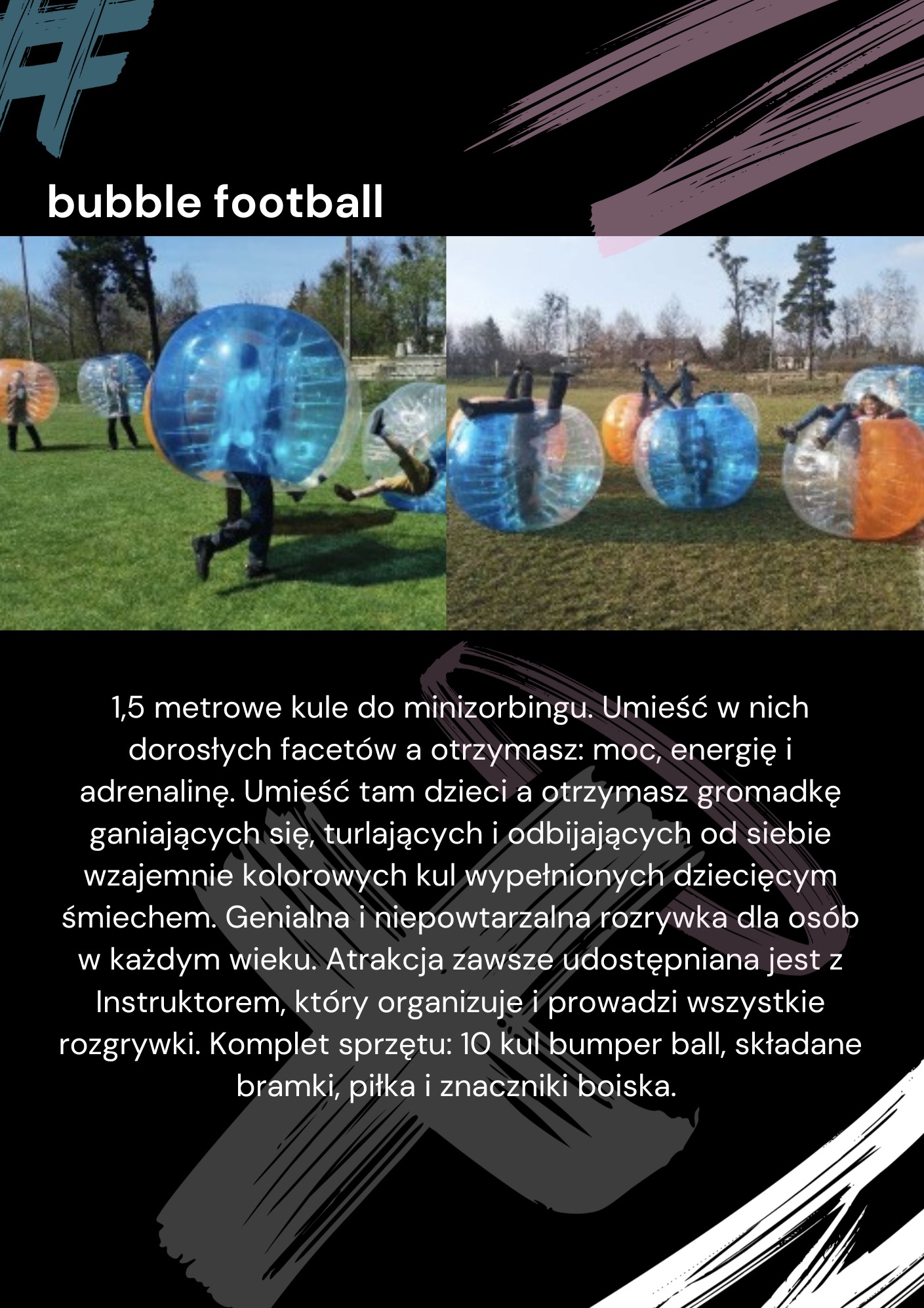 Gra w bubble football na trawie. Uczestnicy w przezroczystych, kolorowych kulach zderzają się, tworząc dynamiczną i zabawną scenę. W tle drzewa i błękitne niebo.