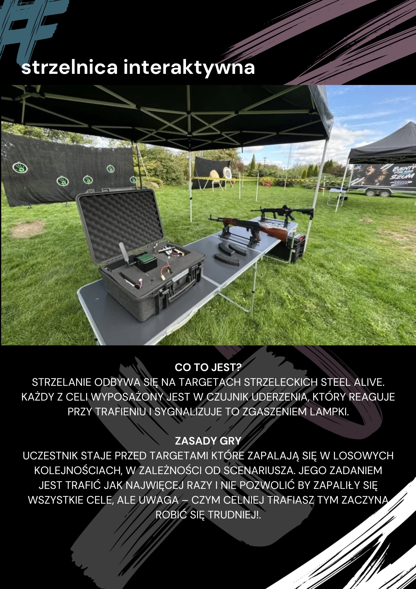 Interaktywna strzelnica w Koluszkach: stanowisko z atrapami broni, tarcze z czujnikami, gotowe do zabawy na świeżym powietrzu. Atrakcja na event.