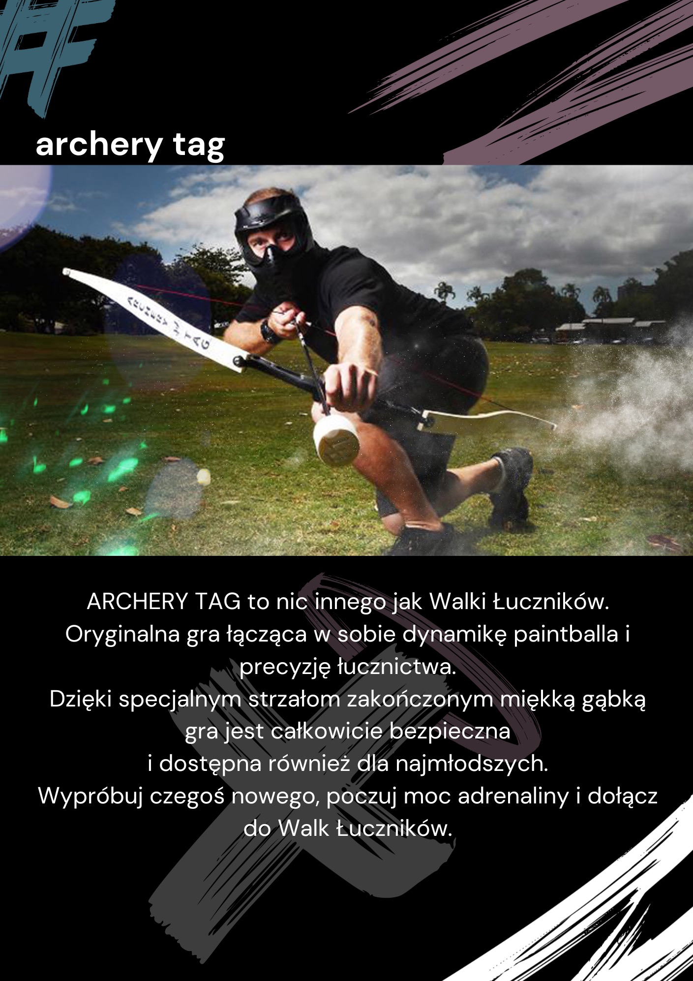 Mężczyzna w masce celuje z łuku archery tag na zielonym trawniku. Dynamiczne ujęcie akcji, gra łącząca elementy paintballa i łucznictwa, bezpieczna zabawa.