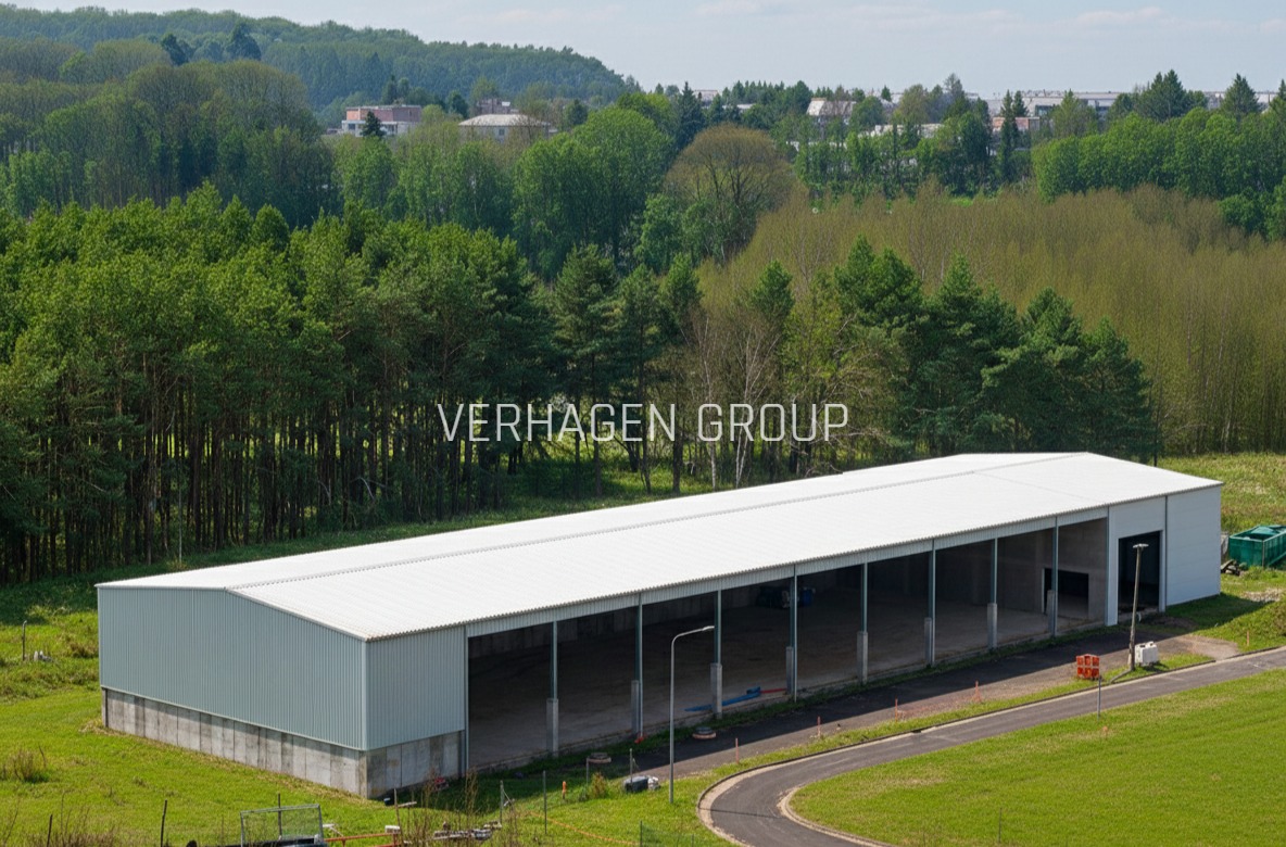 Gotowa hala stalowa z białym dachem i szarymi ścianami, widok z zewnątrz na tle zieleni i zabudowań. Widoczna droga dojazdowa i oświetlenie zewnętrzne.