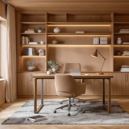 AMP INWESTYCJE SPÓŁKA Z OGRANICZONĄ ODPOWIEDZIALNOŚCIĄ - Jasne biuro w domu z drewnianymi meblami, biurkiem, krzesłem i regałami z oświetleniem LED. Minimalistyczny design z rośliną doniczkową przy oknie.