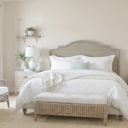 AMP INWESTYCJE SPÓŁKA Z OGRANICZONĄ ODPOWIEDZIALNOŚCIĄ - Jasna sypialnia w stylu boho z wiklinowym łóżkiem, szafkami nocnymi i fotelem. Naturalne materiały, rośliny doniczkowe i miękkie światło tworzą przytulną atmosferę.