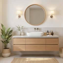 AMP INWESTYCJE SPÓŁKA Z OGRANICZONĄ ODPOWIEDZIALNOŚCIĄ - Jasna łazienka z drewnianą szafką pod umywalką, okrągłym lustrem i rośliną w koszu. Minimalistyczny design z akcentami naturalnych materiałów.