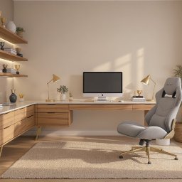 AMP INWESTYCJE SPÓŁKA Z OGRANICZONĄ ODPOWIEDZIALNOŚCIĄ - Nowoczesne biuro domowe z drewnianym biurkiem, ergonomicznym krzesłem i półkami z podświetleniem LED. Stonowana kolorystyka, minimalistyczny design, duże okno z widokiem.