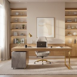 AMP INWESTYCJE SPÓŁKA Z OGRANICZONĄ ODPOWIEDZIALNOŚCIĄ - Eleganckie biuro domowe z drewnianym biurkiem, półkami z oświetleniem LED i beżowym dywanem. Minimalistyczny design, laptop na biurku, naturalne światło z okna.