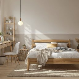 AMP INWESTYCJE SPÓŁKA Z OGRANICZONĄ ODPOWIEDZIALNOŚCIĄ - Jasna sypialnia w stylu skandynawskim: drewniane łóżko, biurko z dekoracjami, regał i szafa. Naturalne światło z okna, beżowa kolorystyka ścian i podłogi.