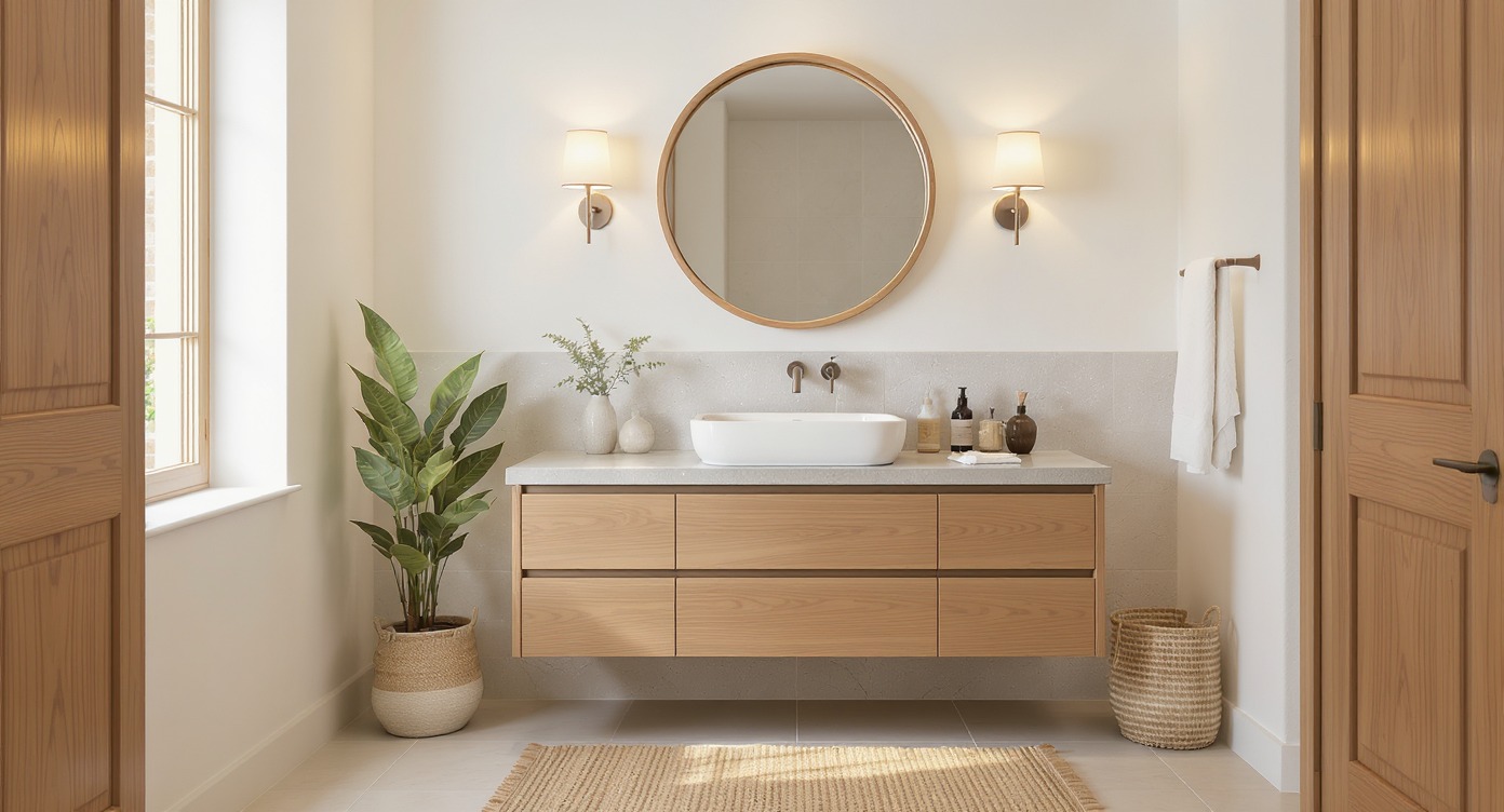 Jasna łazienka z drewnianą szafką pod umywalką, okrągłym lustrem i rośliną w koszu. Minimalistyczny design z akcentami naturalnych materiałów.