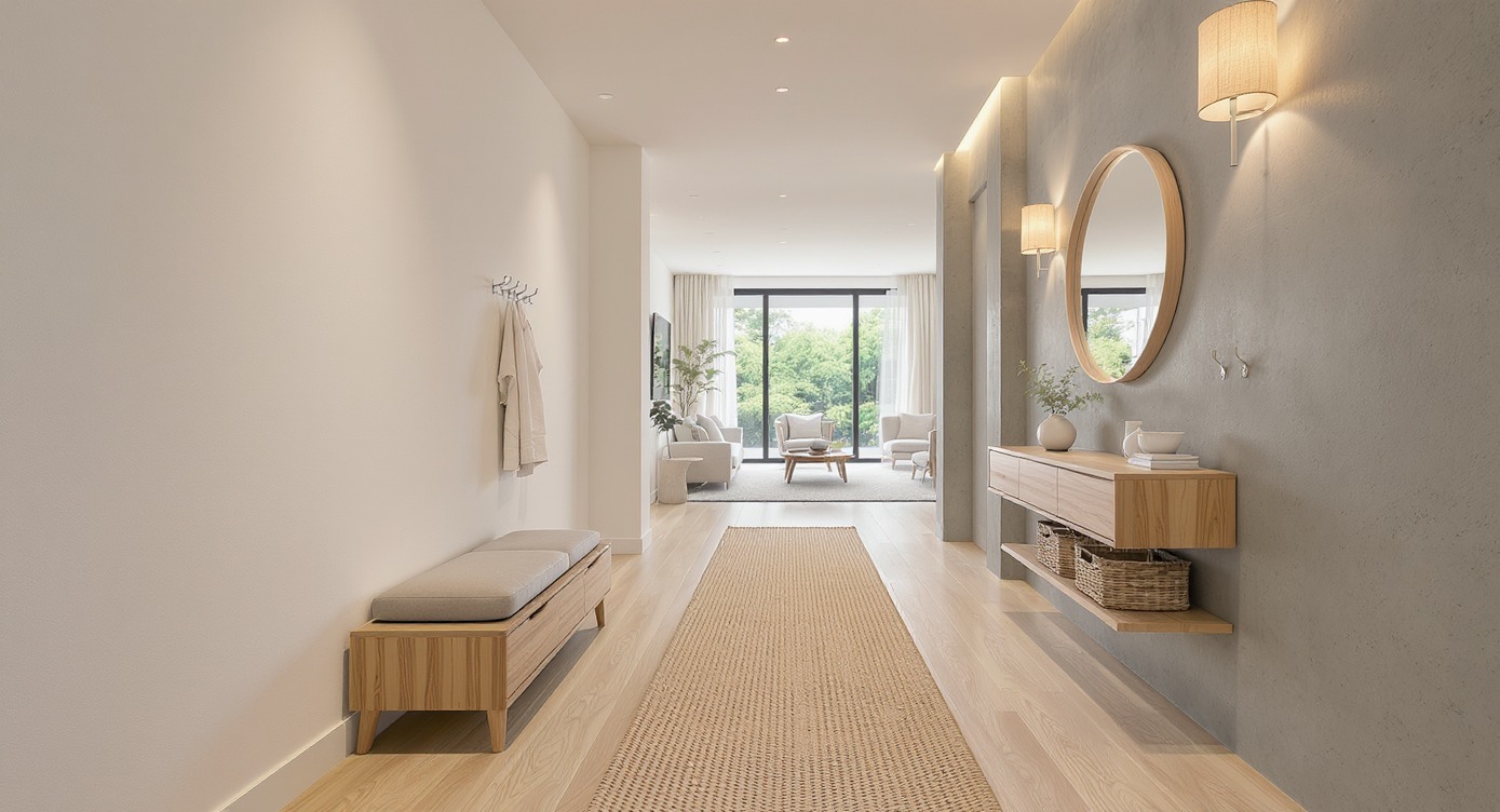 Jasne wnętrze przedpokoju z drewnianą ławką, konsolą i okrągłym lustrem. W tle widoczny salon z białymi meblami i dużym oknem.