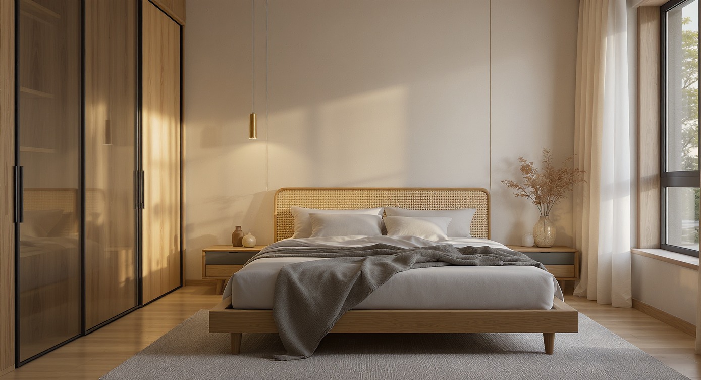 Jasna sypialnia z łóżkiem z rattanowym wezgłowiem, drewnianą szafą i dużym oknem z zasłonami. Minimalistyczny design, ciepłe oświetlenie.