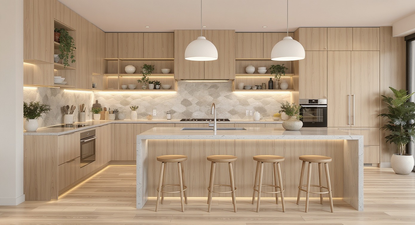 Jasna, nowoczesna kuchnia z drewnianymi szafkami, wyspą z marmurowym blatem i czterema drewnianymi stołkami. Oświetlenie LED podkreśla ciepły charakter wnętrza.