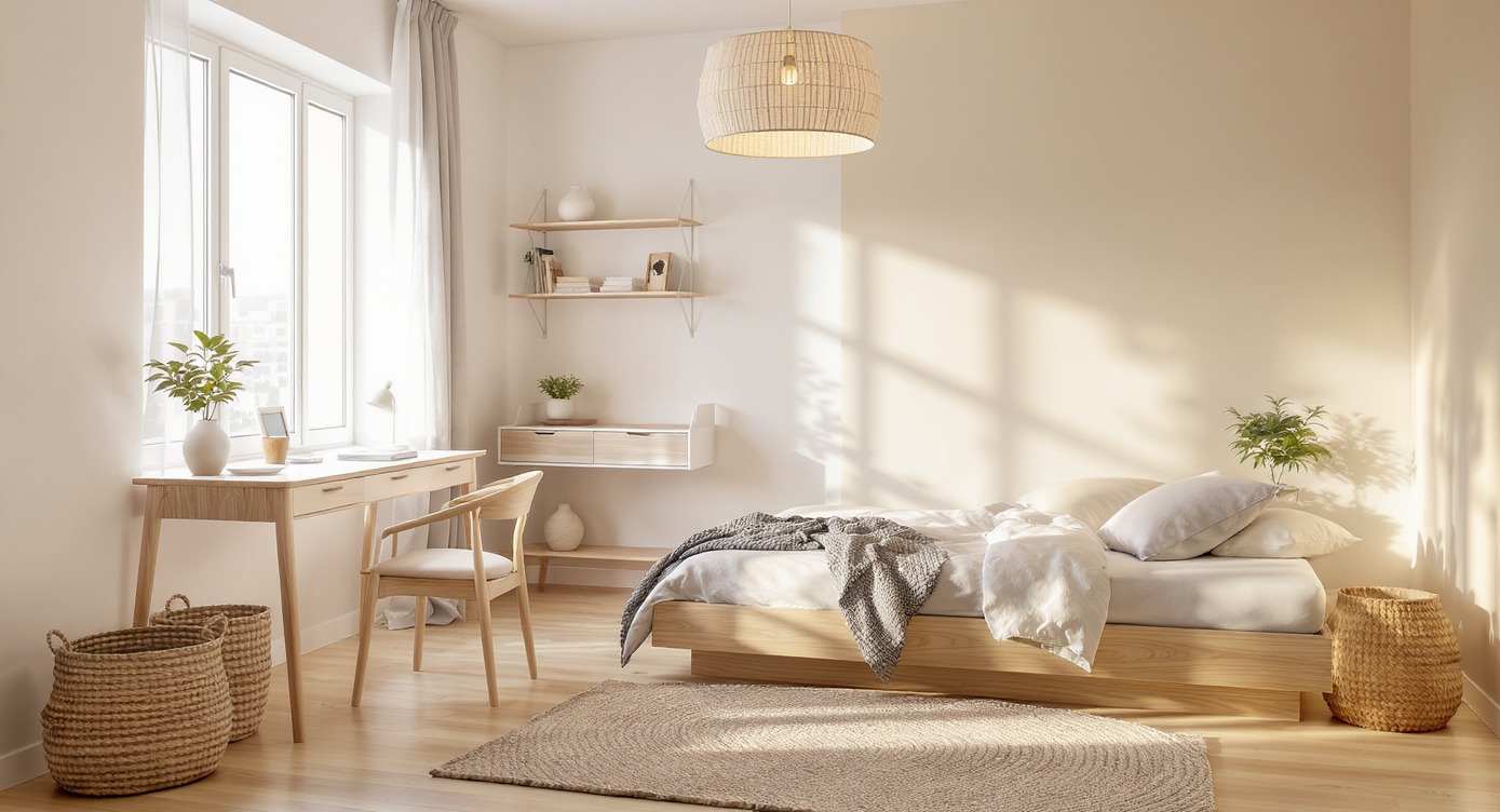 Jasna sypialnia w stylu skandynawskim z drewnianym biurkiem, łóżkiem i wiklinowymi koszami. Naturalne światło podkreśla minimalistyczny wystrój i ciepłą kolorystykę.