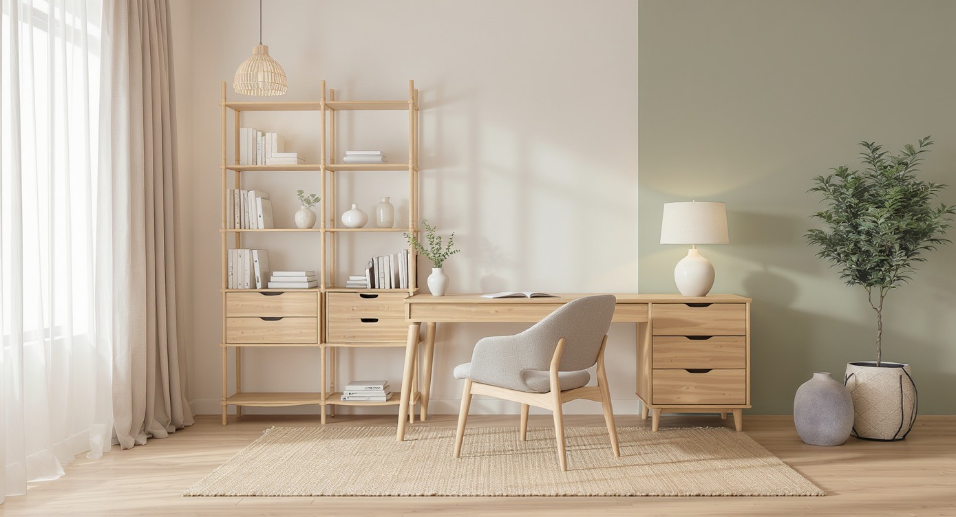 Jasne biuro w stylu skandynawskim: drewniane biurko z regałem, szare krzesło, dywan z juty i roślina doniczkowa na tle ściany w dwóch odcieniach.