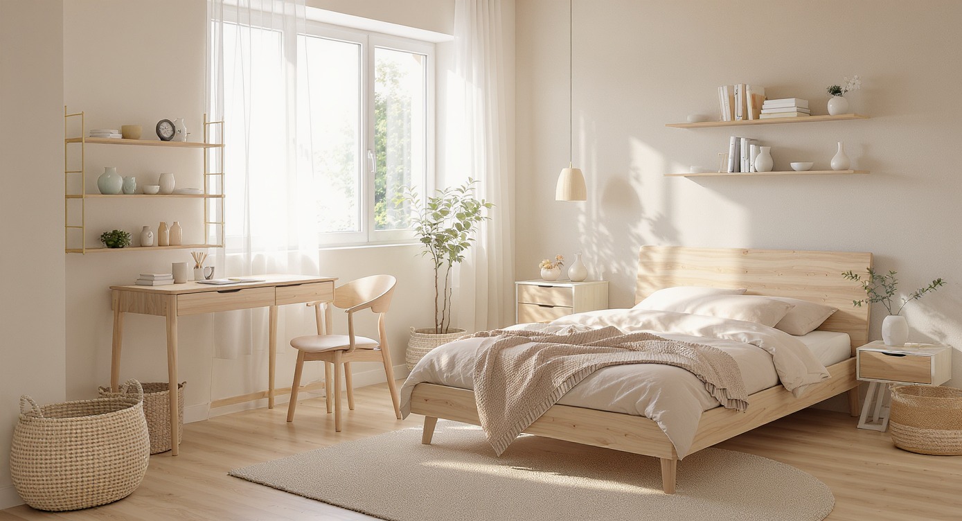 Jasna sypialnia w stylu skandynawskim z drewnianym biurkiem, łóżkiem i półkami. Naturalne światło podkreśla minimalistyczny design i spokojną atmosferę wnętrza.