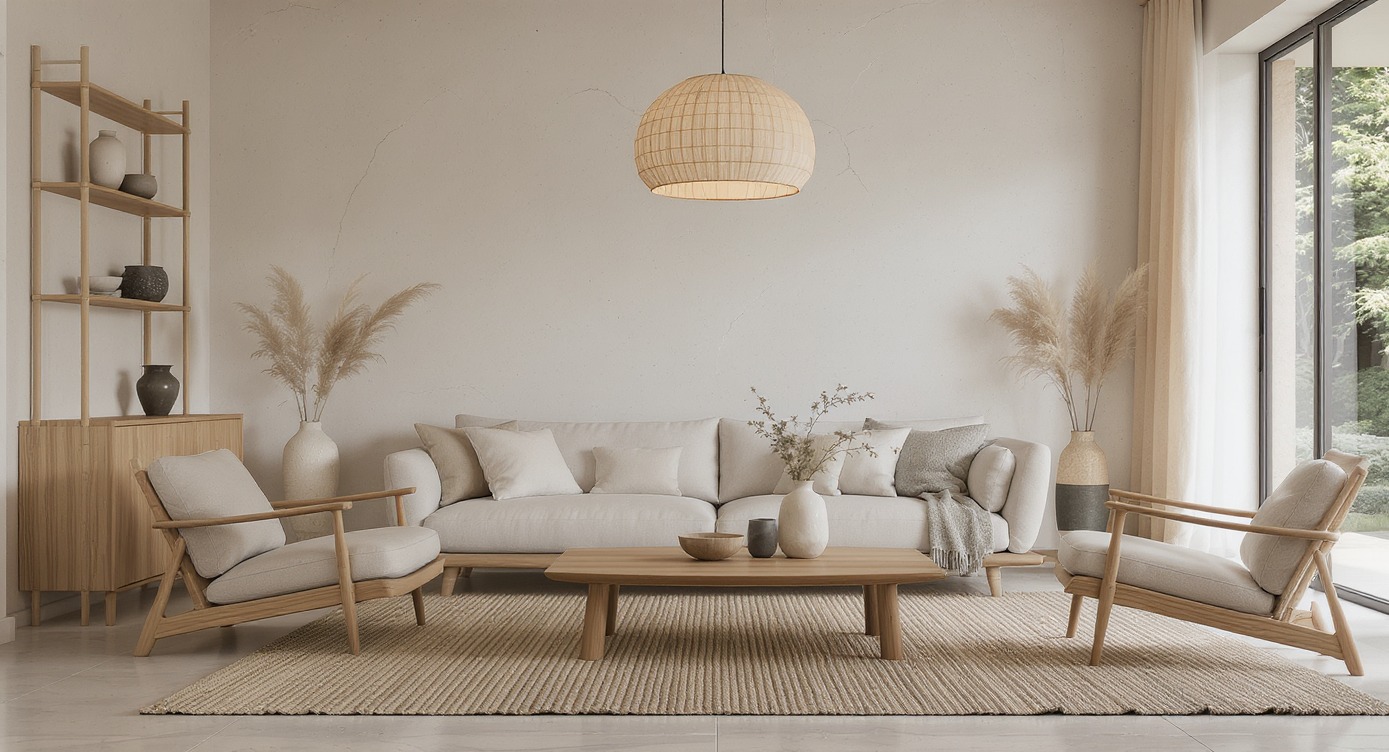 Jasny salon w stylu boho: sofa z poduszkami, drewniane fotele, stolik kawowy, lampa z abażurem i pampasowa trawa w wazonach. Duże okno z widokiem na zieleń.